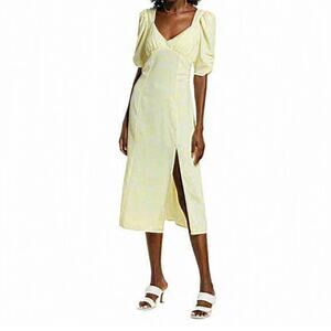 NORDSTROM OPEN EDIT Yellow White A-Line V-Neck Ruched Puff Sleeve Midi Dress